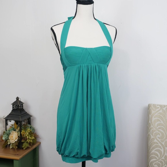 BCBGMaxAzria Teal Halter Bubble Dress XS Babydoll Party Turquoise Pleated BCBG - Picture 7 of 8